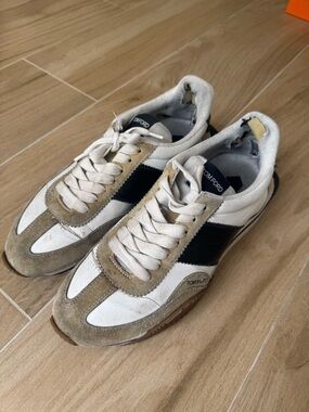 Tom Ford White, Black & Tan Suede-Trim Low-Top Sneakers